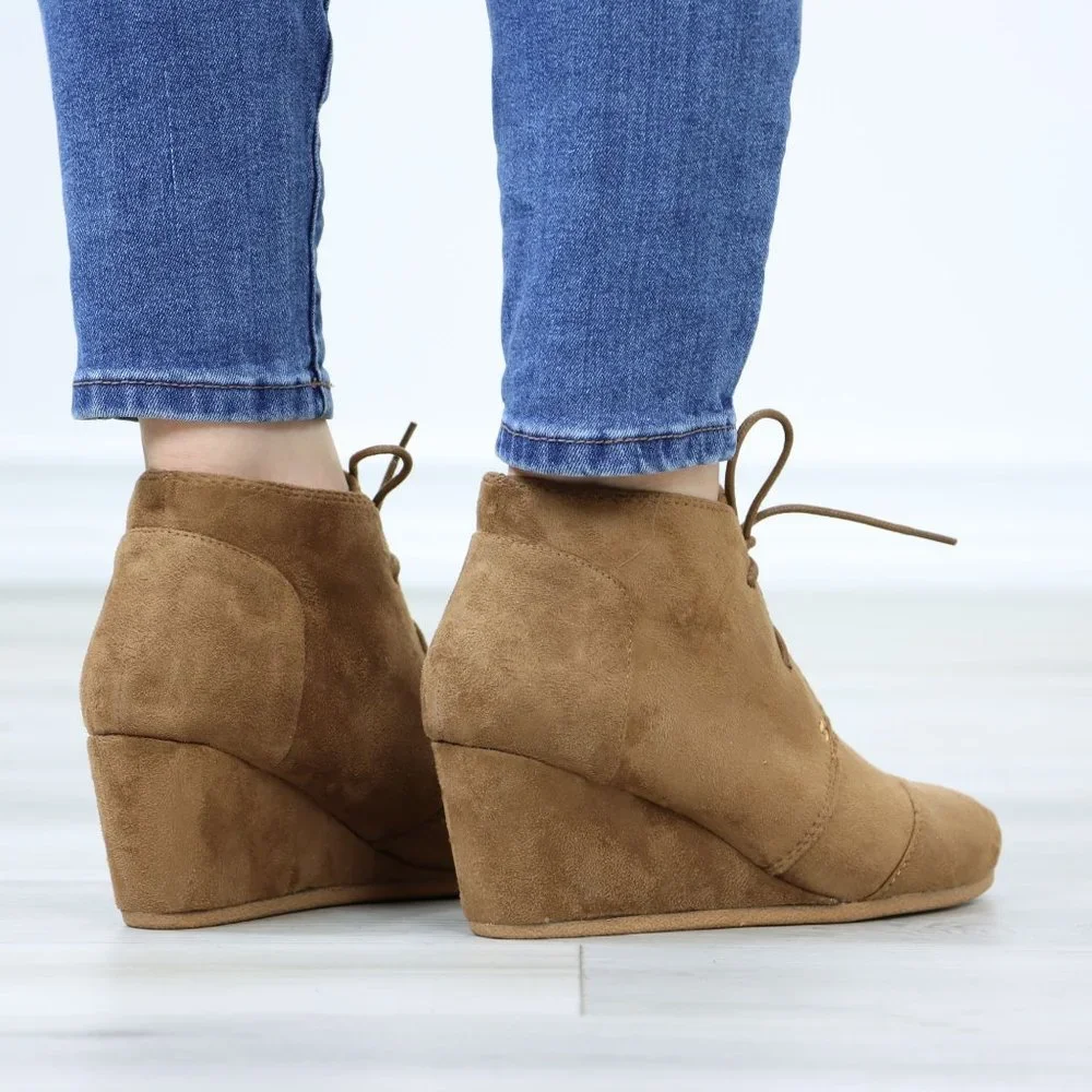 Tan Faux Suede Round Toe Wedge Heel Lace Up Ankle Boots - Picture 7 of 12